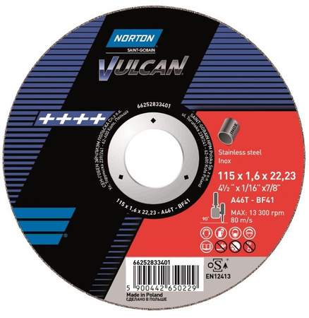 Norton tarcza tnąca Vulcan A46T-BF41 Inox 115x1,6x22,2mm 66252833401